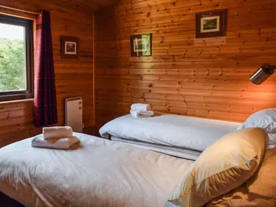 a bedroom with two beds in a log cabin at Catkin Lodge - Uk39646 in Lunga
