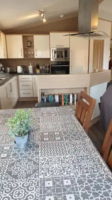 a kitchen with a table with a potted plant on it at Red Squirrel Lodge in Auchterarder