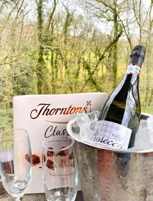 a bottle of wine in a bucket next to glasses at Blair snug hut in Kelty