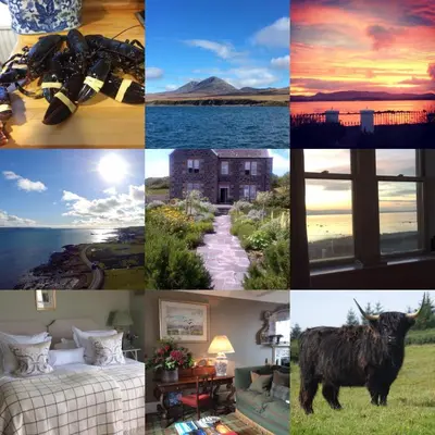 a collage of photos with a view of the ocean at Loch Gorm House in Bruichladdich