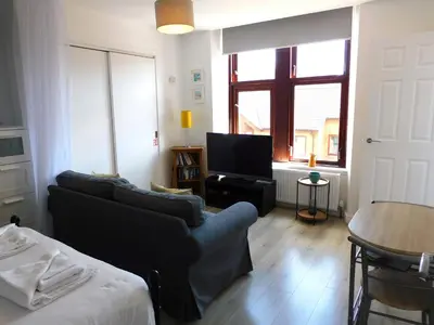 a living room with a couch and a tv at Modern bright studio apartment in south Glasgow in Glasgow