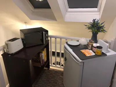 a small kitchen with a refrigerator and a microwave at Netherby Guest House Edinburgh in Edinburgh