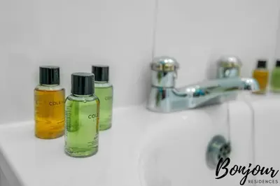 two bottles of disinfectants sitting on a bathroom sink at Anvers Suite in Edinburgh