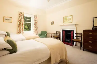 a bedroom with two beds and a fireplace at Mossfennan House in Drummelzier