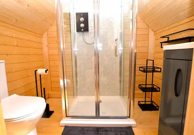 a shower in a wooden bathroom with a toilet at Seal Cove Cabin - Luxury Glamping in Cairndow