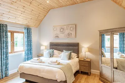 a bedroom with two beds and a mirror at Osprey Lodge 1 with Hot Tub in Newton Stewart