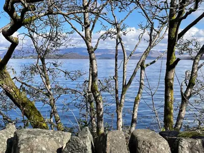 a view of a body of water with trees and rocks at 5 minutes from Loch Lomond - Newly Renovated Ground Floor 1-Bed Flat in Bonhill